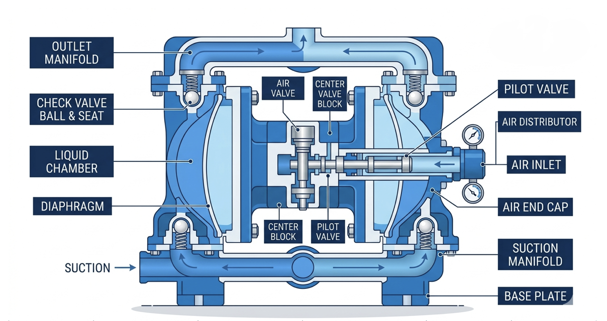 AODD Pump: Complete Guide to Air-Operated Double Diaphragm Pumps 3 Different AODD pump body materials comparison polypropylene PVDF aluminium stainless steel