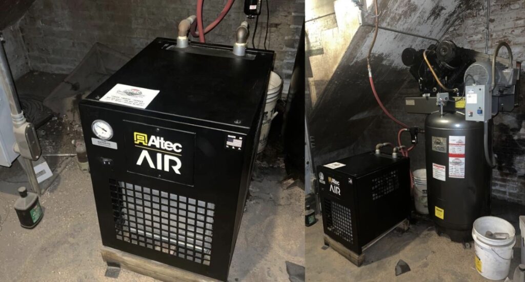 Picking Industrial Air Dryers for Compressor Systems 2 Alt text: An industrial compressor and air dryer installed on a factory floor