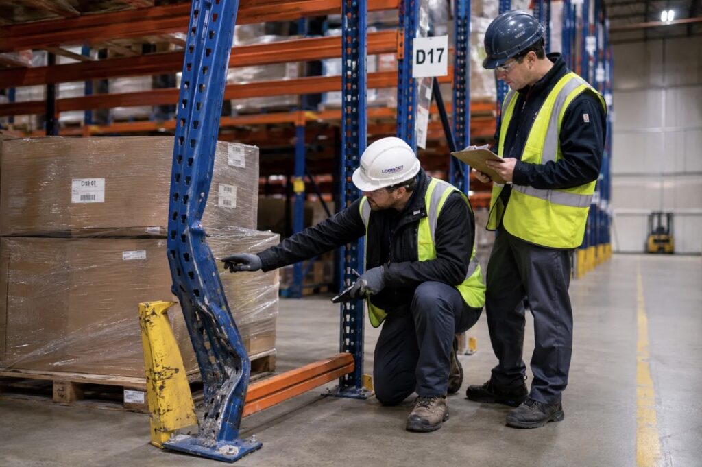 The Most Common Causes of Pallet Rack Damage in Industrial Facilities 2 Maintenance team inspecting damaged pallet racking in an industrial warehouse